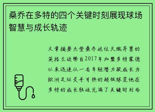 桑乔在多特的四个关键时刻展现球场智慧与成长轨迹